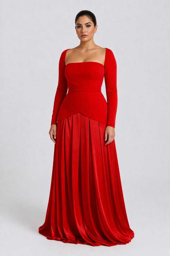 long-sleeve satin gown with structured bodice – CRIMSON-1