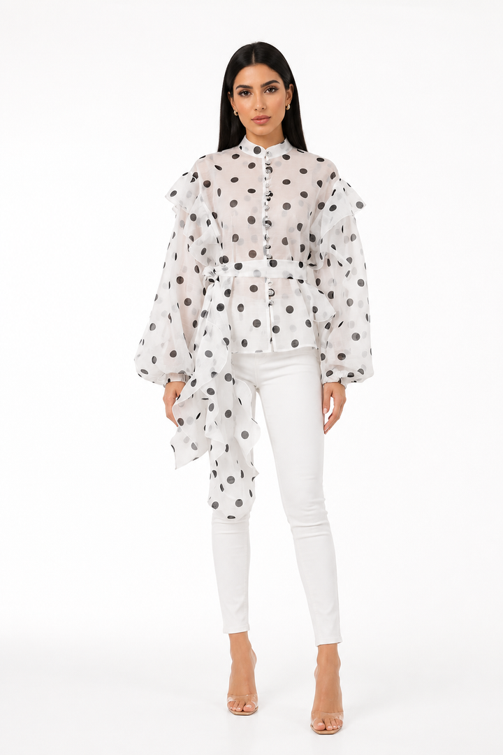White Polka Dot Sheer Ruffle Blouse – ÉLIVIA
