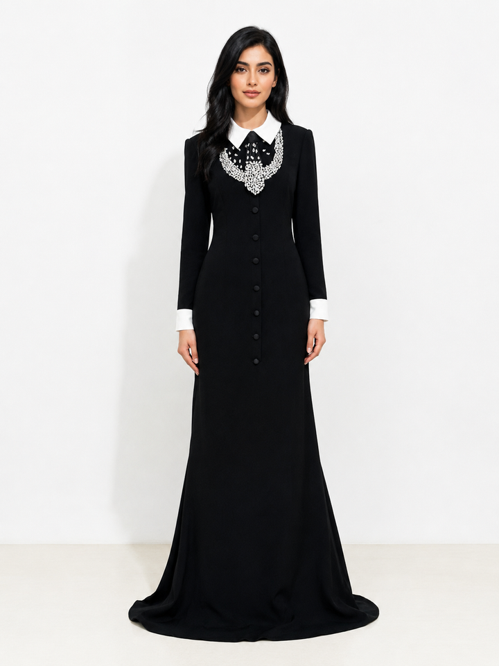 Black Embellished Collar Buttoned Maxi Dress – NOIRÉLLE
