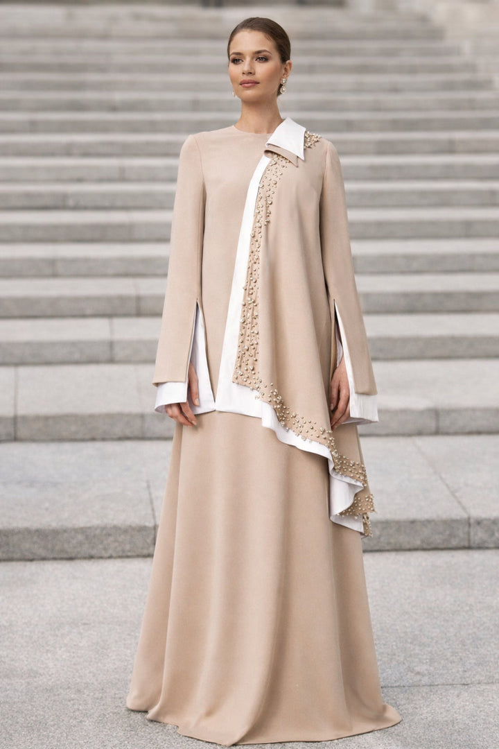 Long Sleeve Asymmetric Dress with Beaded Draped Detail - SANTA