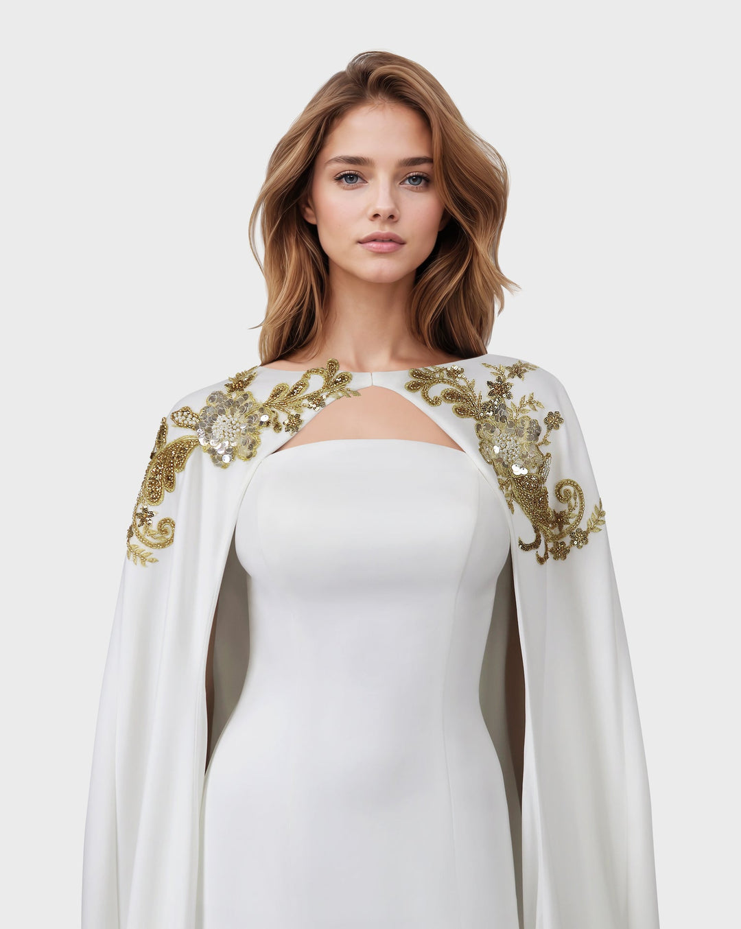 ODD- Strapless column dress with sequined maxi cape