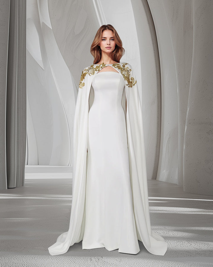 ODD- Strapless column dress with sequined maxi cape
