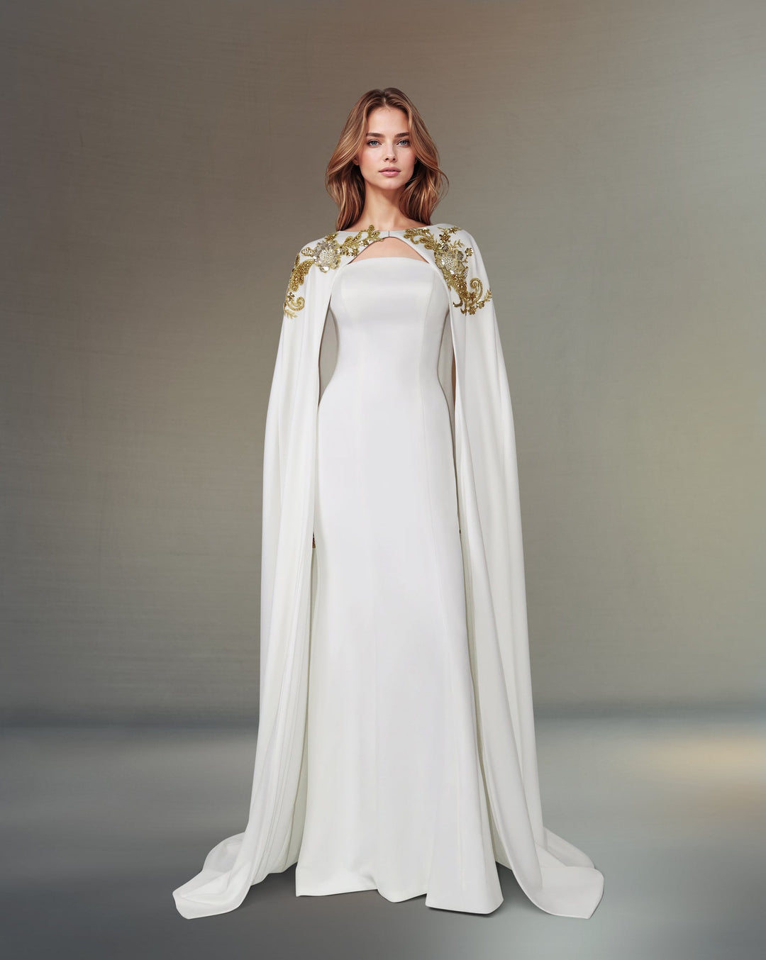 ODD- Strapless column dress with sequined maxi cape