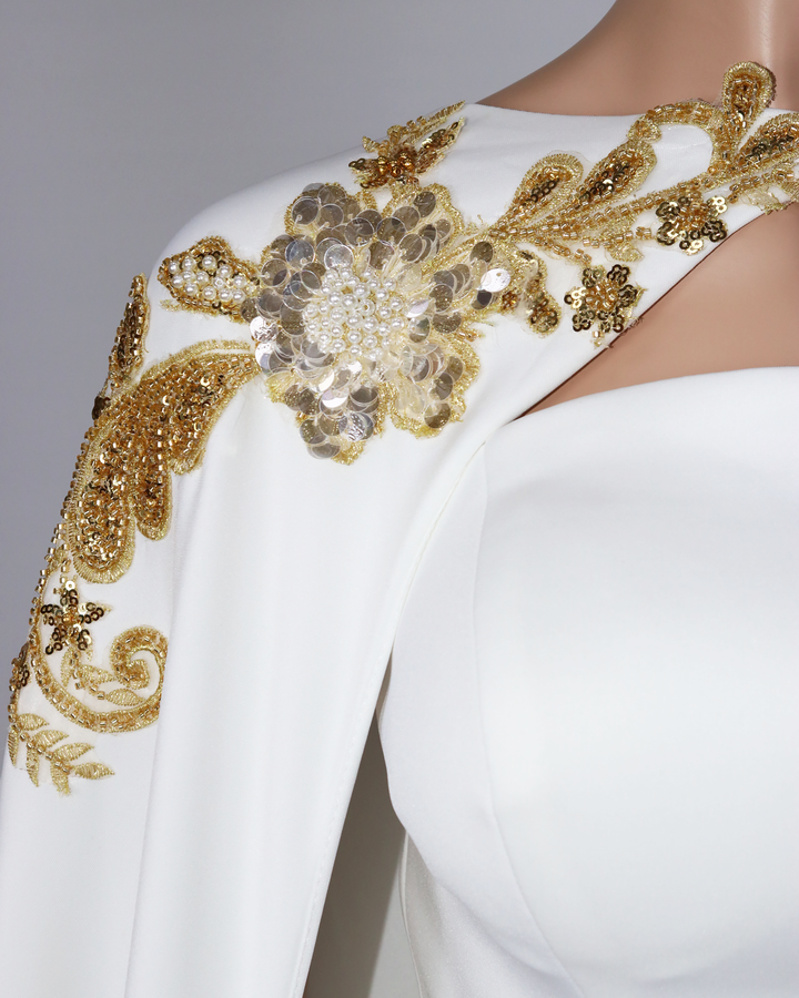 ODD- Strapless column dress with sequined maxi cape