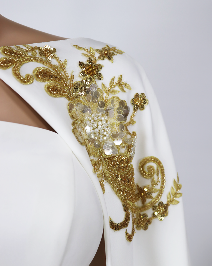 ODD- Strapless column dress with sequined maxi cape