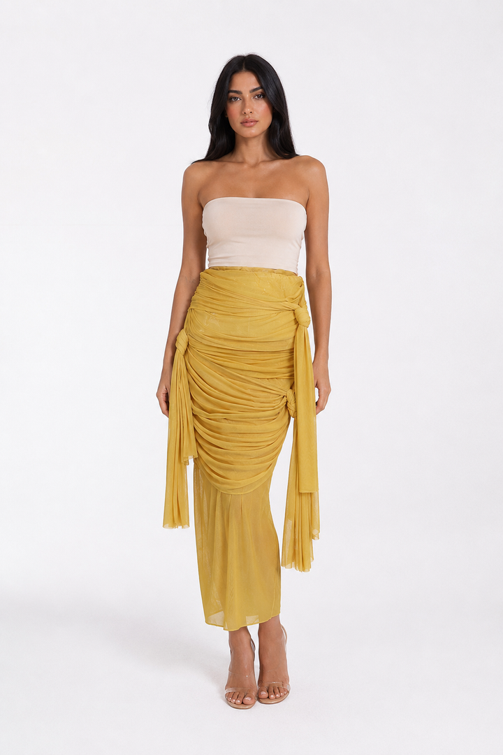 Ruched Tie-Side Midi Skirt – SUNSET