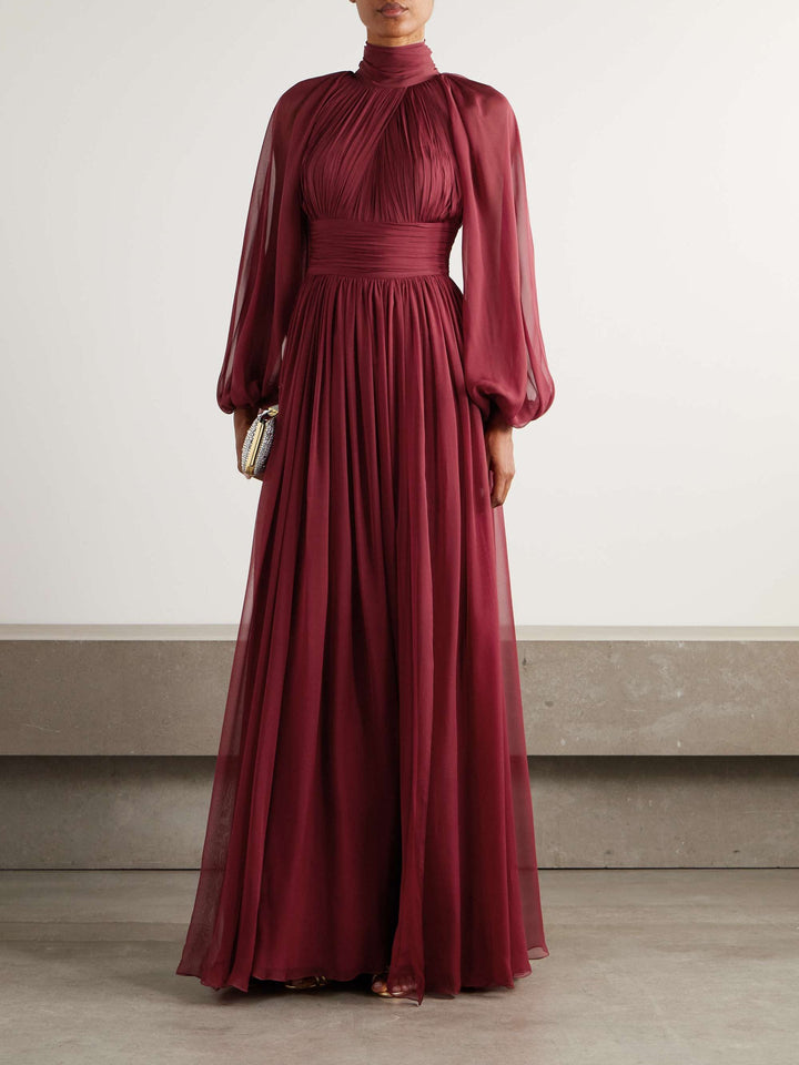 pleated chiffon gown with bishop sleeves – ODD- MARQUESA