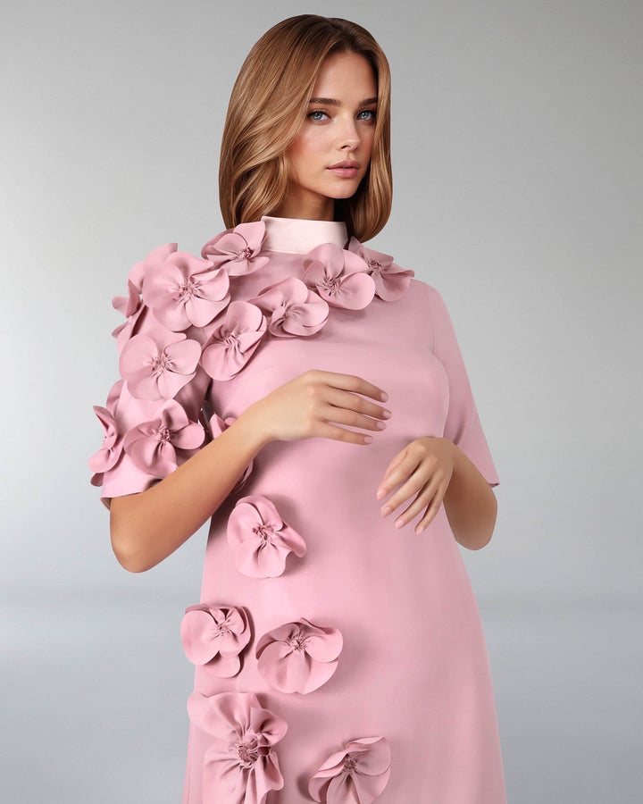Flowered column dress with satin strips - ODD- ZOISH