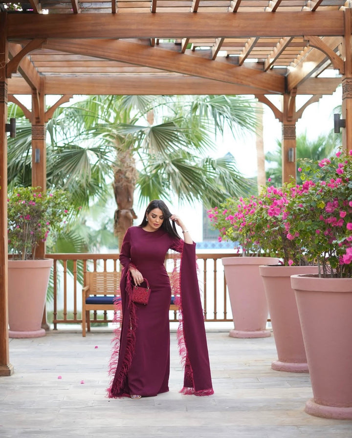 long floor sleeves dress with feathers -ODD-Zivah