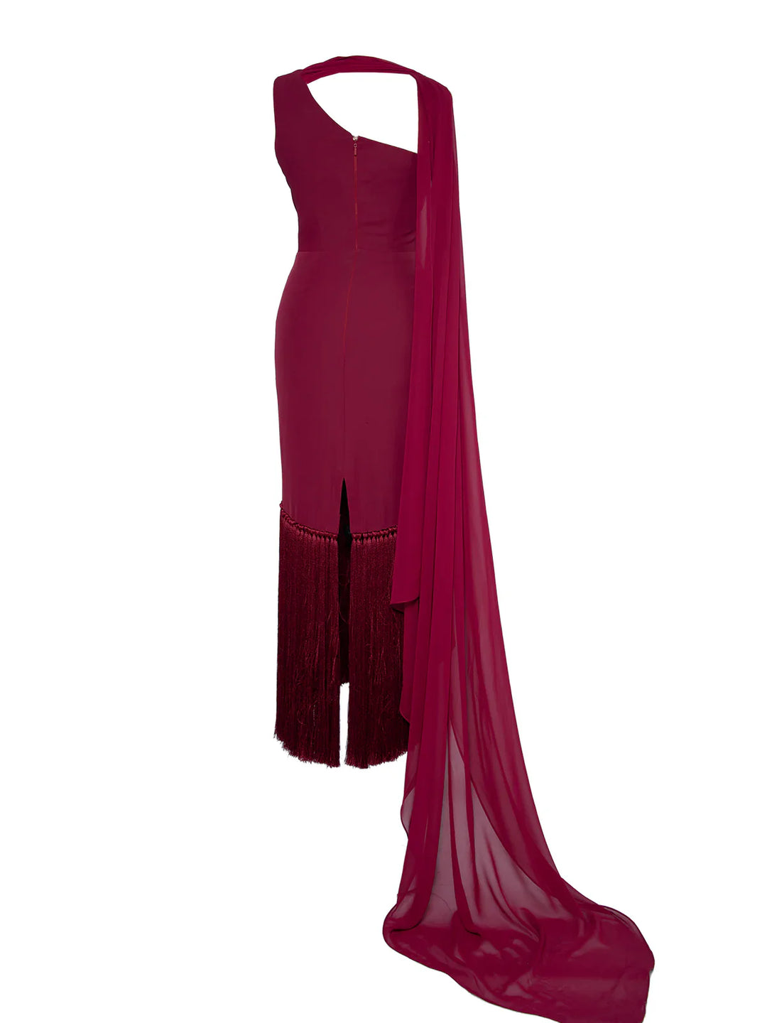 One-shoulder sheath dress with fringe hem and chiffon sash – RUBY