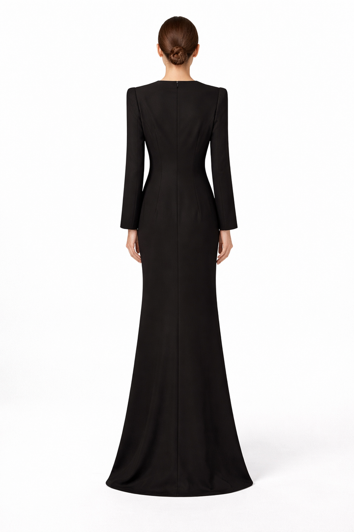 Embellished Long-Sleeve Maxi Dress with Sculpted Silhouette – IMPERIA