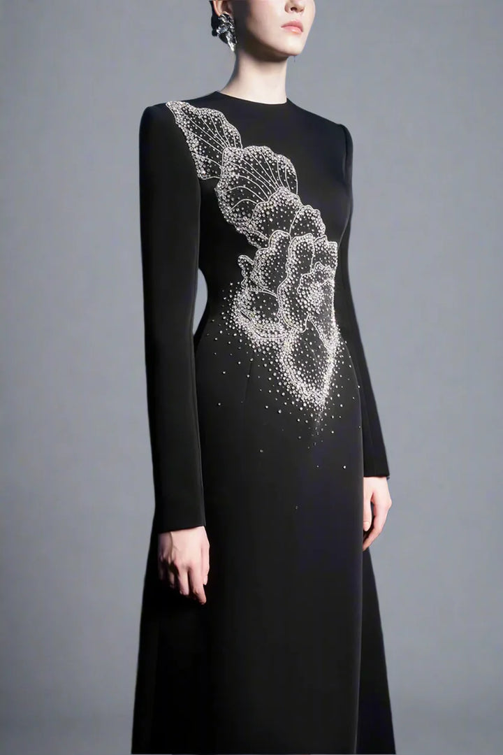 Long-Sleeve A-line Dress with Beaded Floral Accents - BLOSSOM