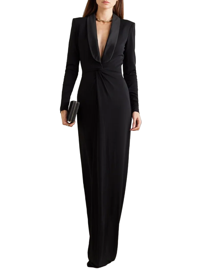 Plunging tuxedo gown with gathered waist – Zaydee-1
