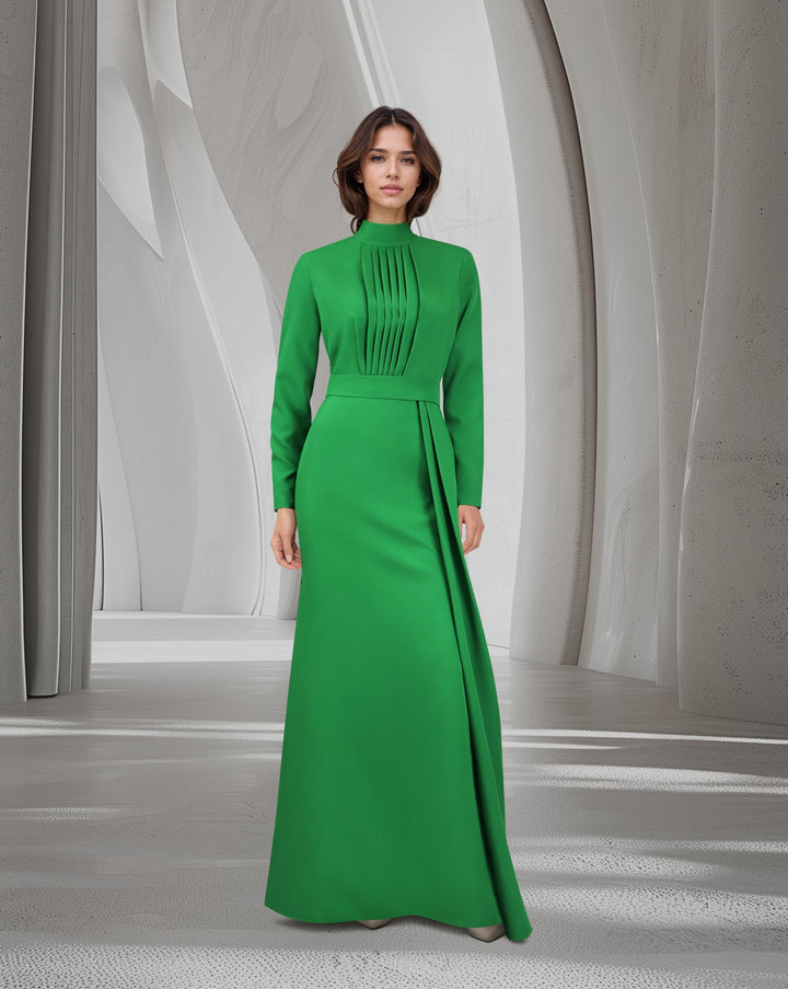 Pleated chest with long sleeves green dress-Govan