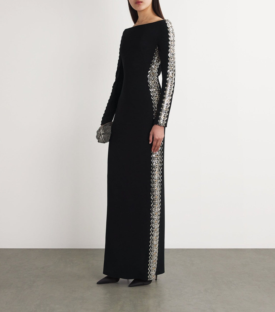long-sleeve column gown with crystal side embellishments – NOVK