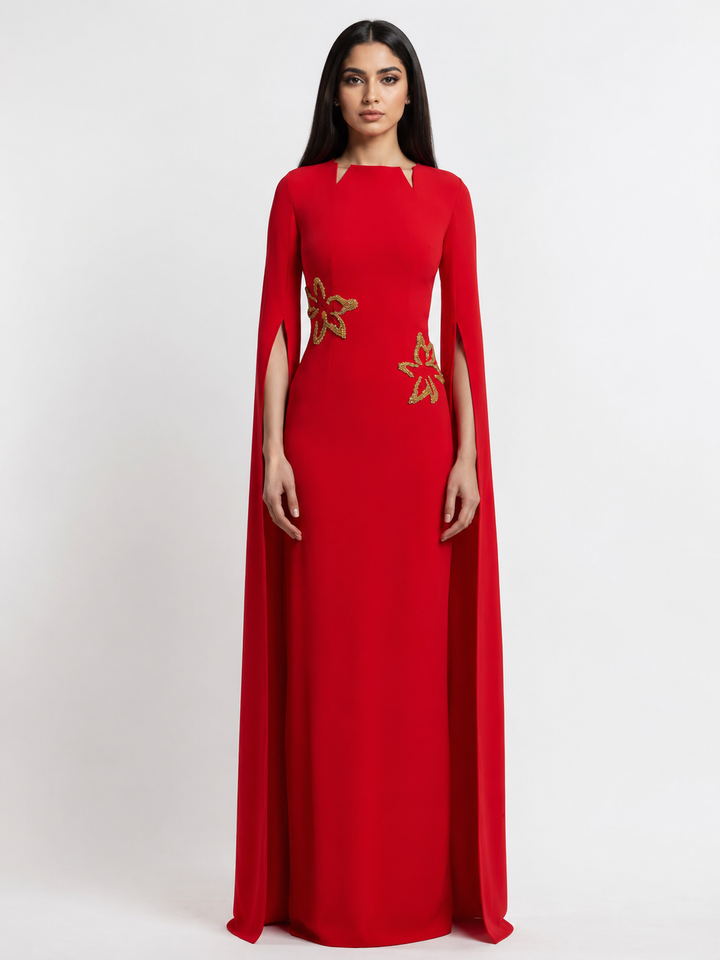 Red Embroidered Cape Sleeve Maxi Dress – AZURÉA
