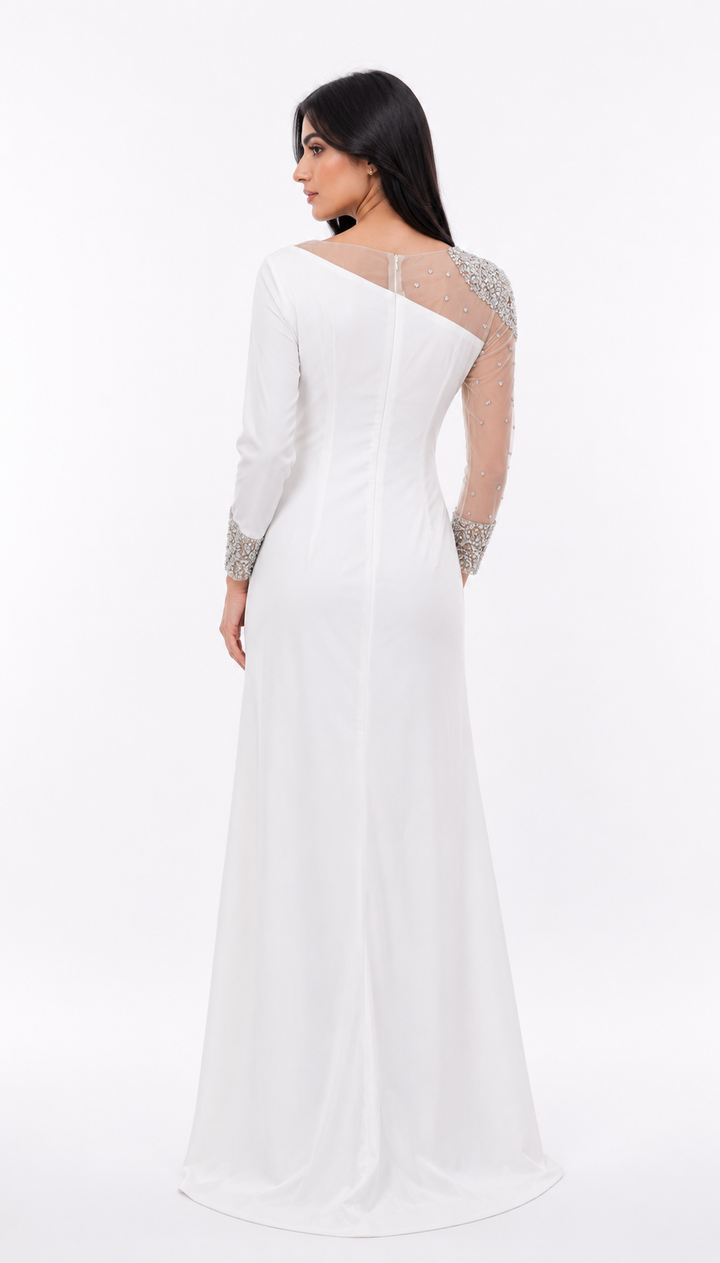 one-shoulder mermaid gown with embellished illusion sleeve – GLAM
