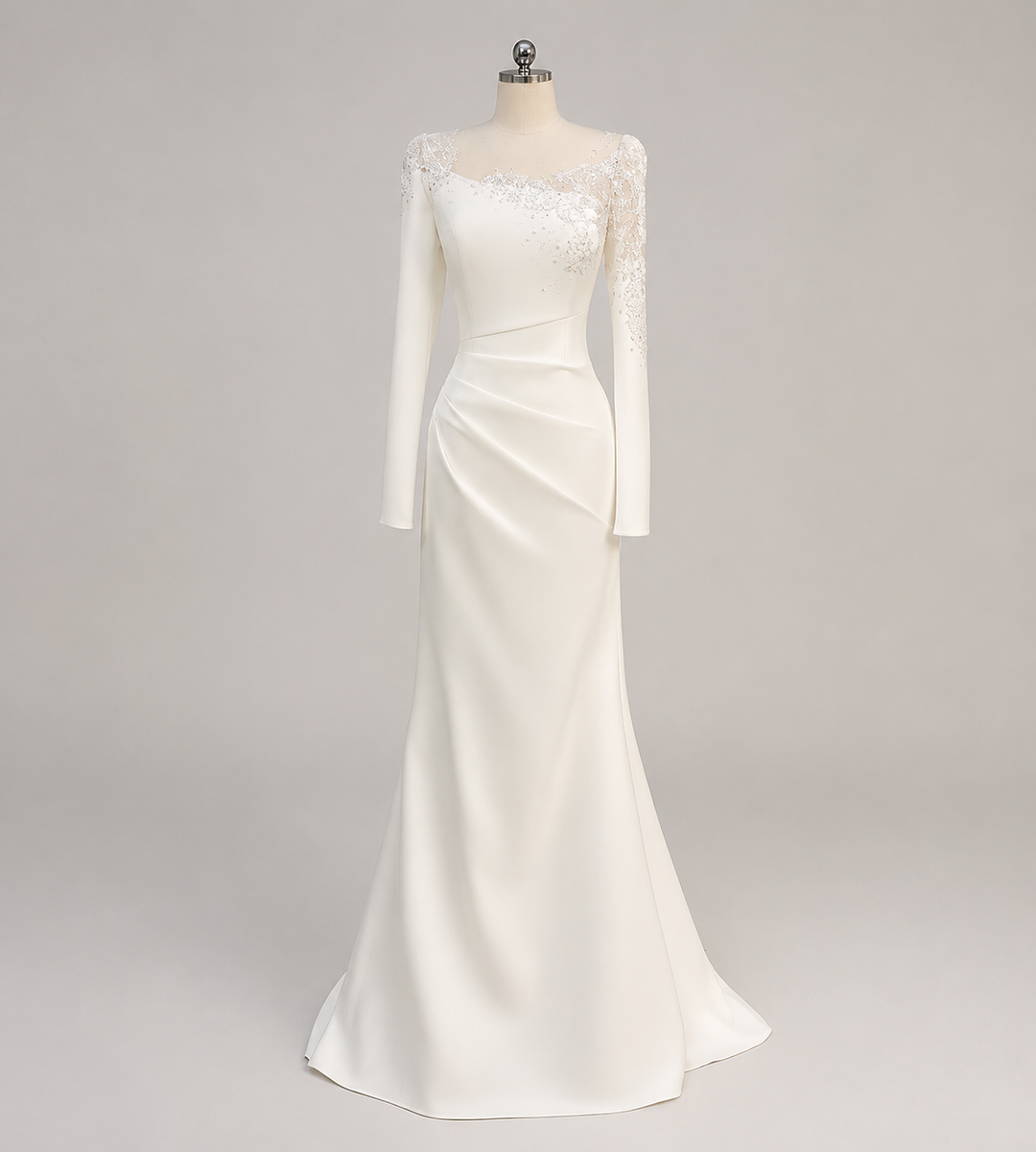 long-sleeve column bridal gown with lace neckline – IVORA