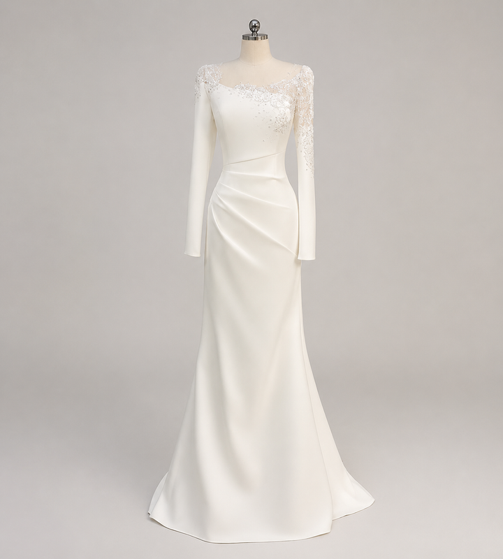 long-sleeve column bridal gown with lace neckline – IVORA