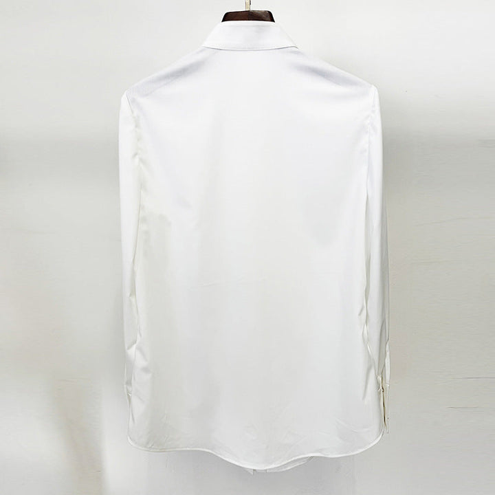 high-neck blouse with cascading ruffle front – ELARA