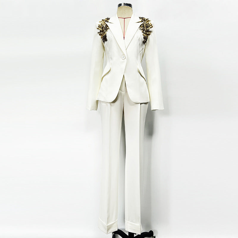 tailored blazer with embellished shoulders and wide-leg pants set – ROYAL