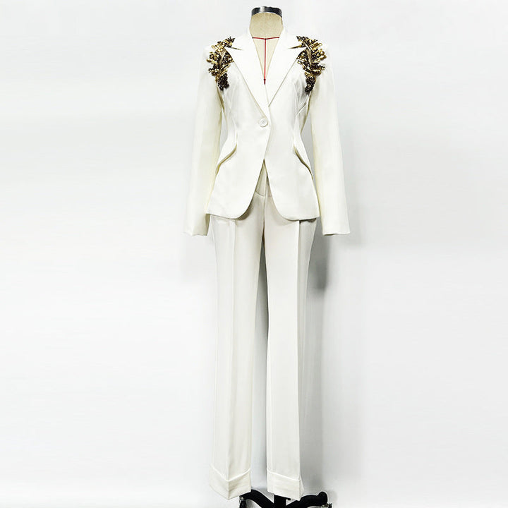 tailored blazer with embellished shoulders and wide-leg pants set – ROYAL