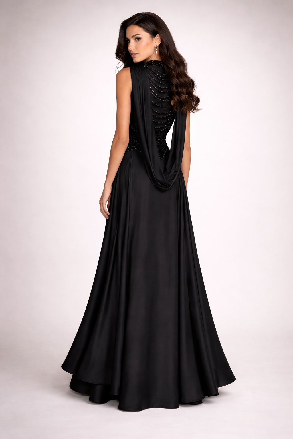 sleeveless draped evening dress with embellished neckline – NOIR