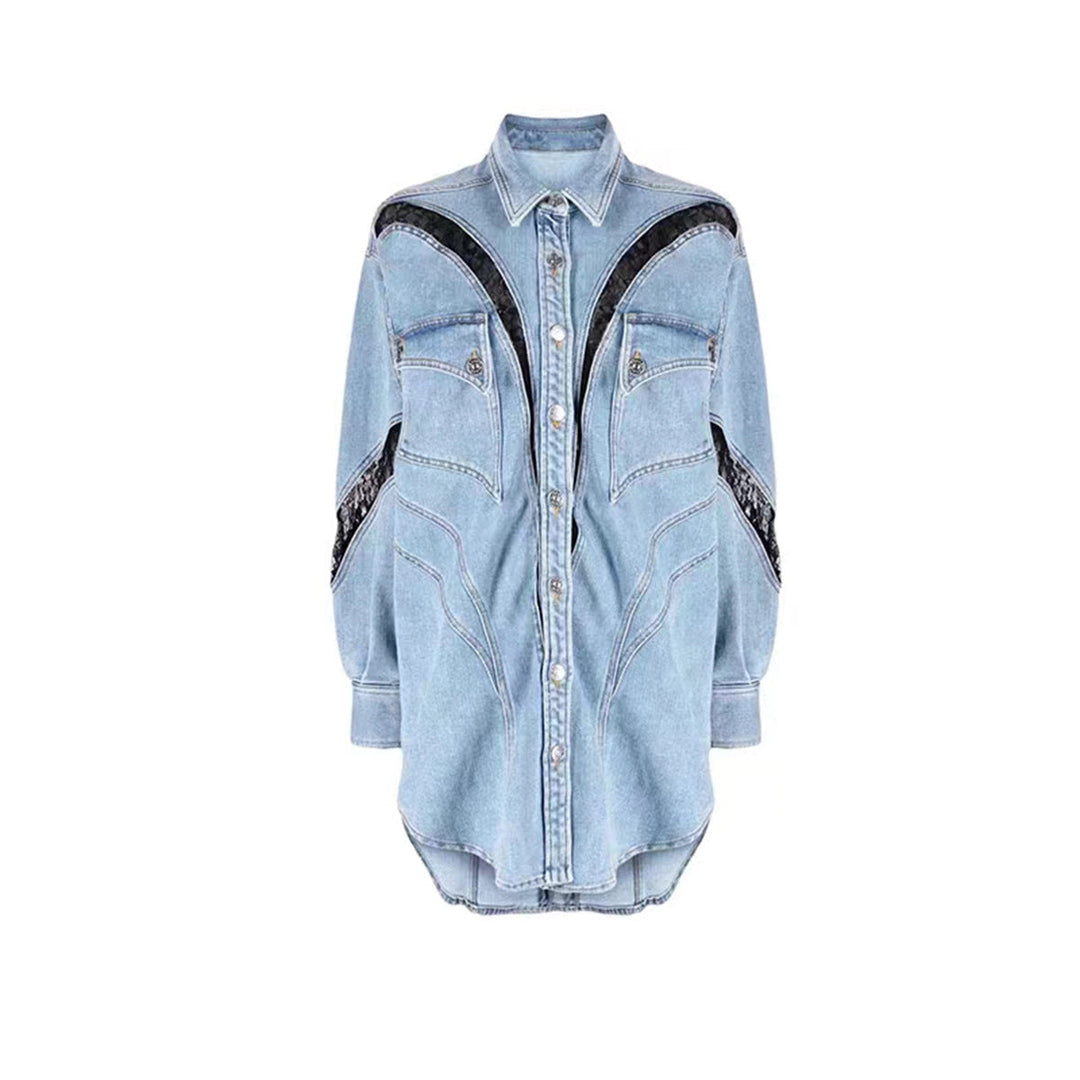 oversized denim shirt with lace panel detailing – INDIGO
