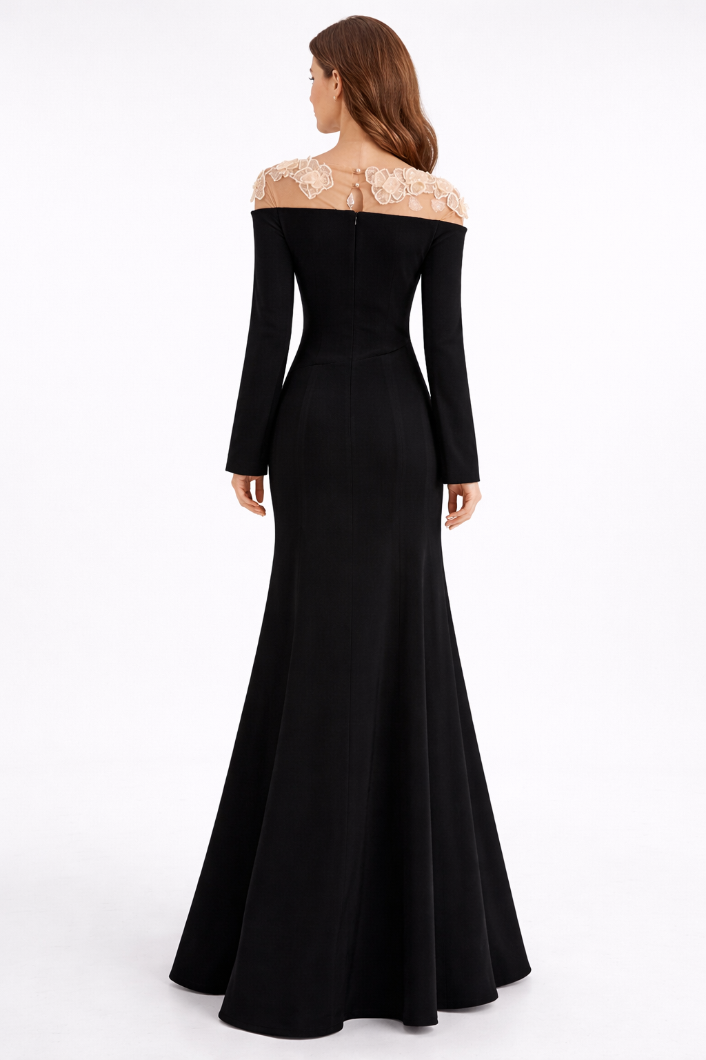 long sleeve satin dress with lace illusion neckline – GRACE