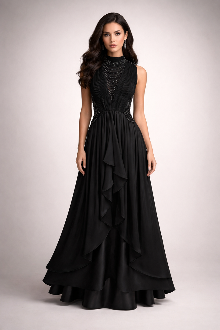 sleeveless draped evening dress with embellished neckline – NOIR