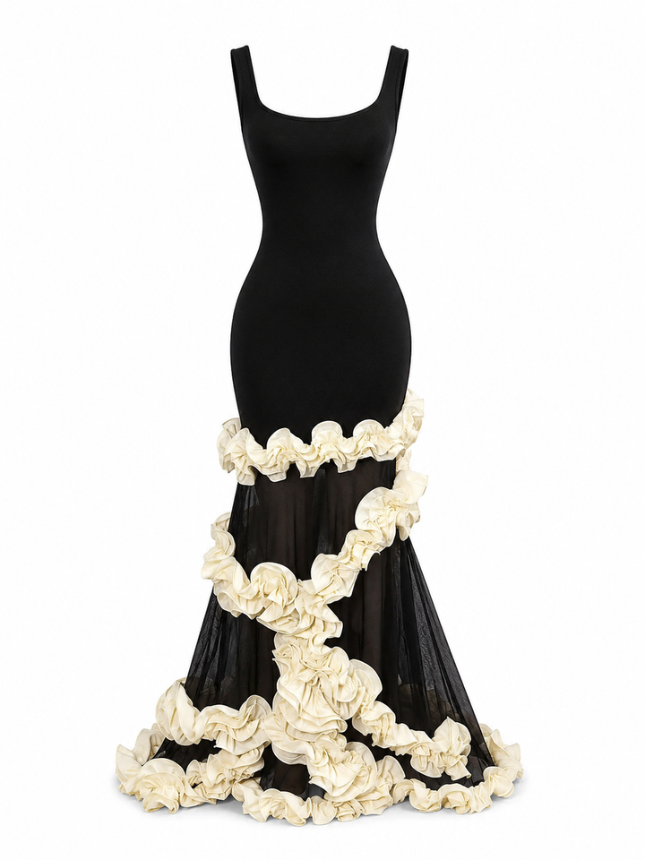 Contrast Ruffle Mermaid Evening Dress - Romance