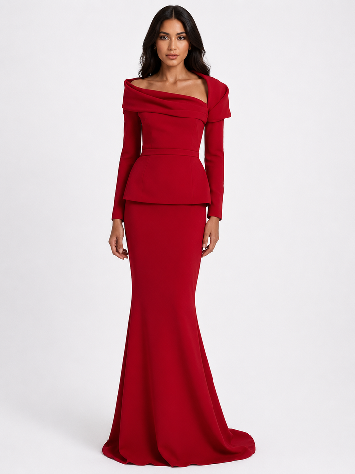off-shoulder draped gown with peplum waist – SERENL