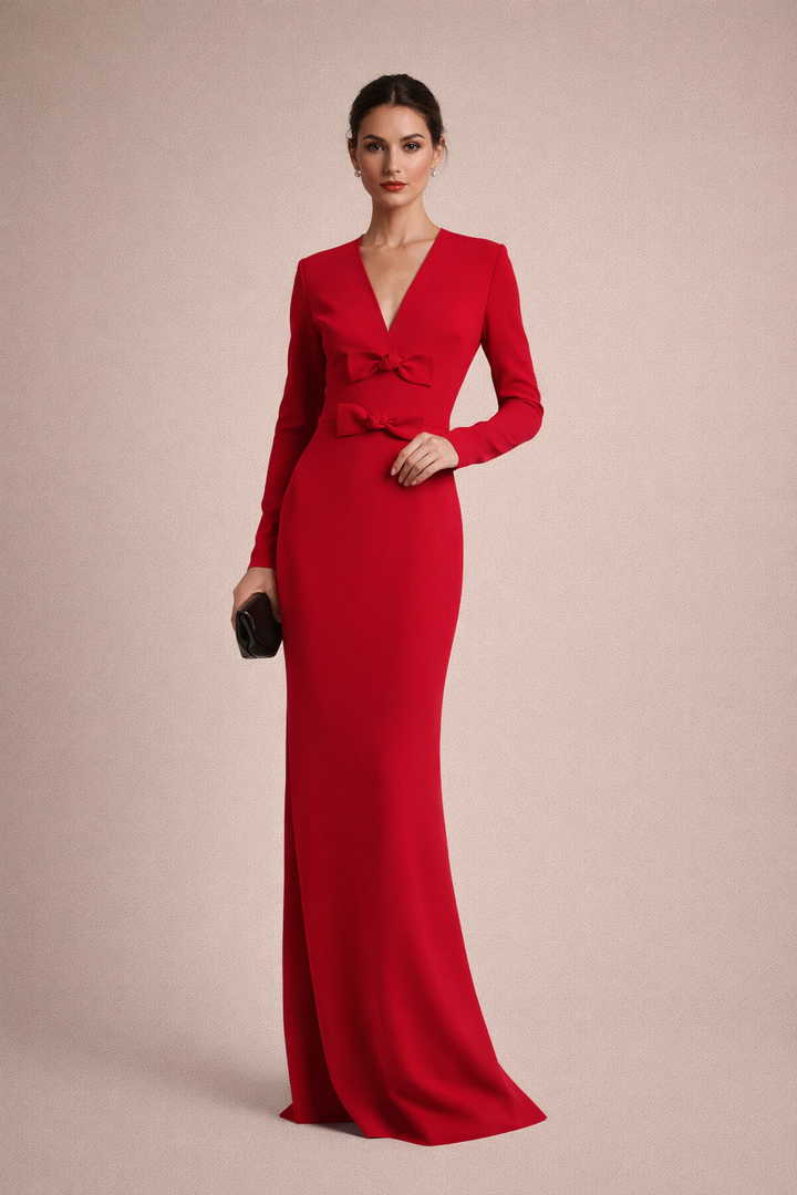 long sleeve V-neck gown with double bow detail – WALID