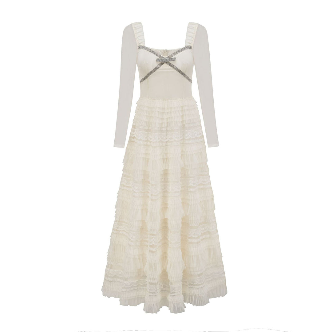 long-sleeve lace and tulle maxi dress with ribbon detail – BELLE
