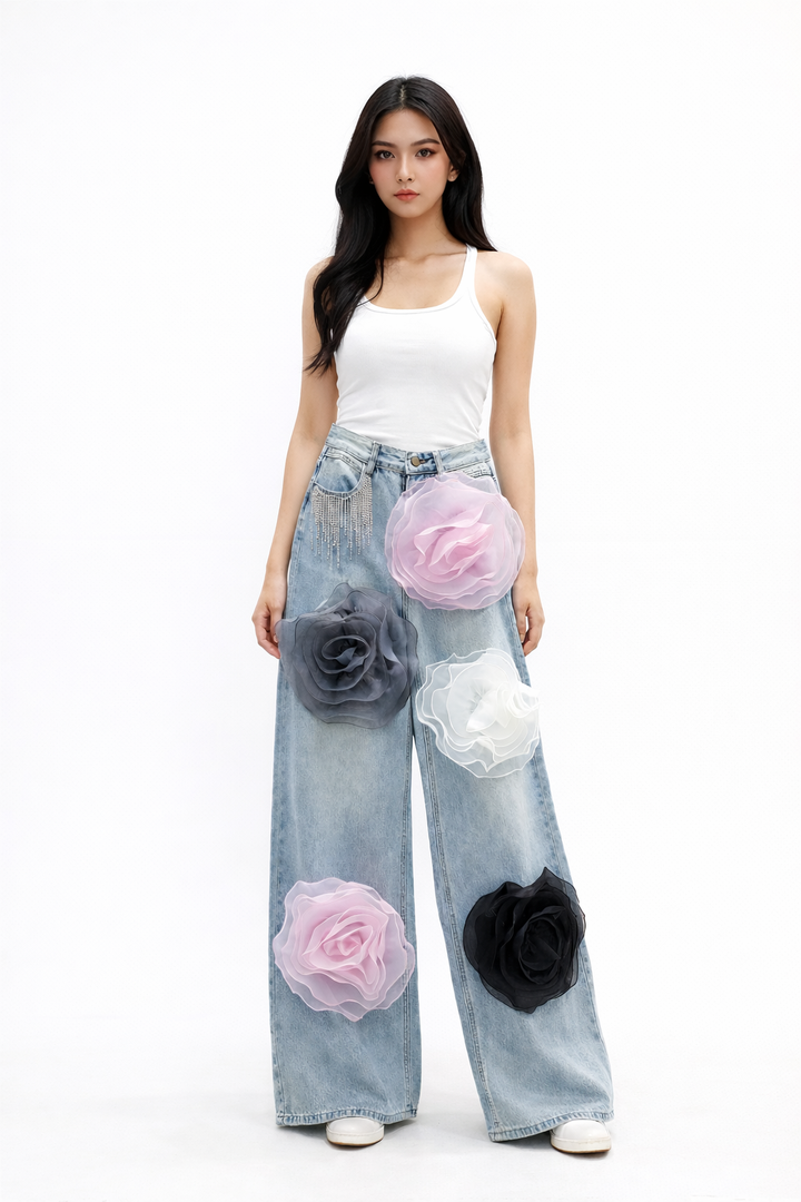 wide-leg denim pants with oversized organza floral appliqué – BLOSSOM