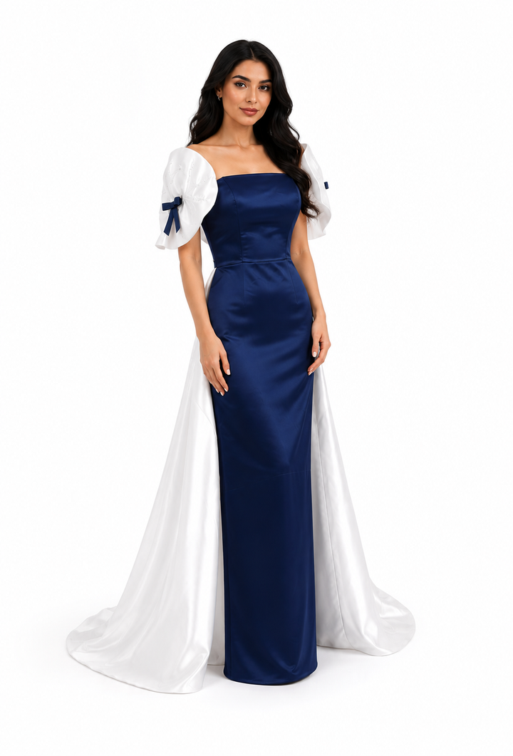 Strapless satin gown with voluminous sleeves and overskirt – ODD- AUROMA