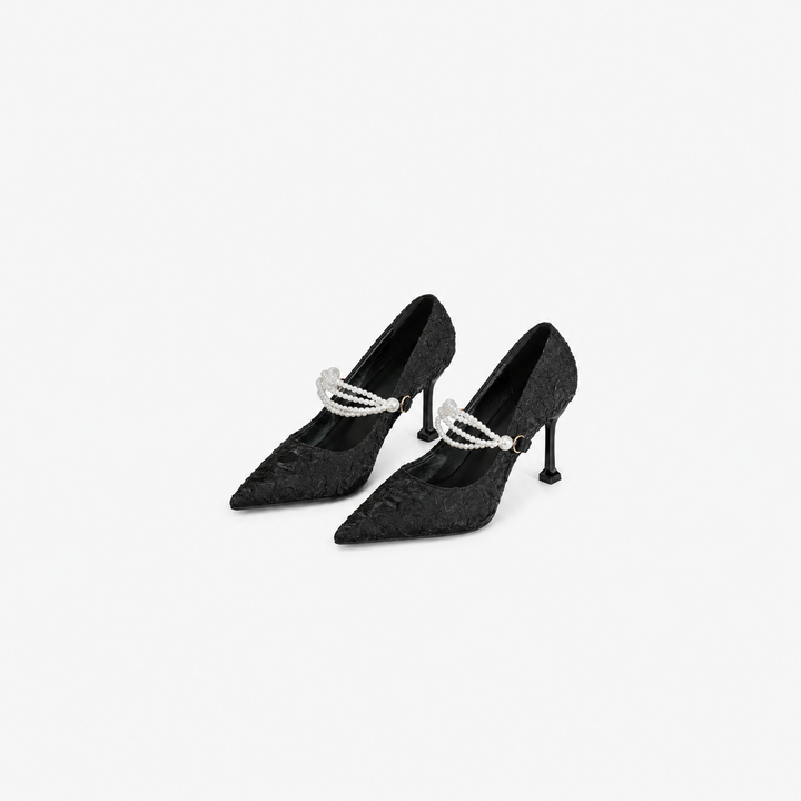 Pearl Strap Lace Stiletto Heels - Elegance