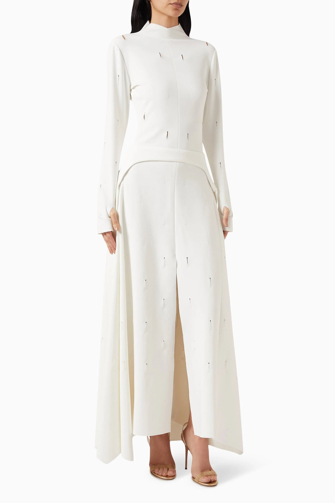 high-neck long-sleeve gown with front slit – RUBINA