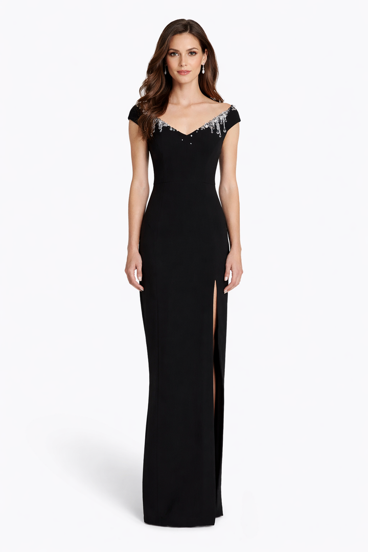 off-shoulder column dress with crystal embellished neckline – SERAPHINA