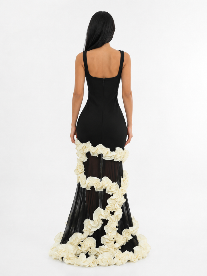 Contrast Ruffle Mermaid Evening Dress - Romance