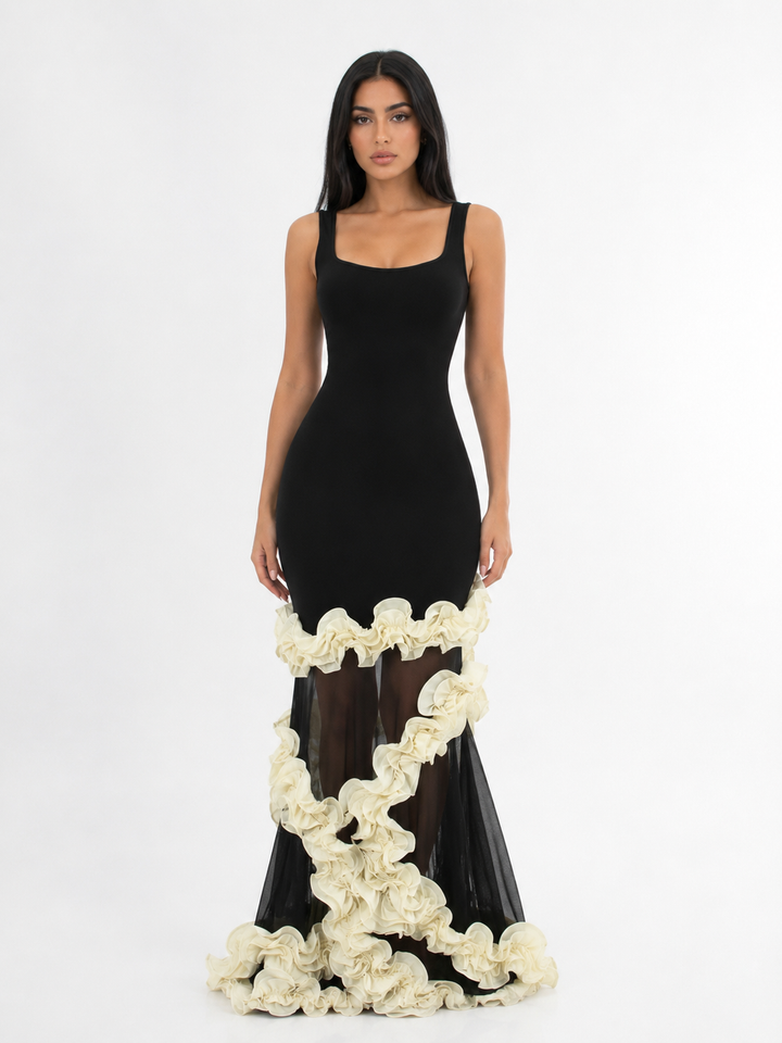 Contrast Ruffle Mermaid Evening Dress - Romance