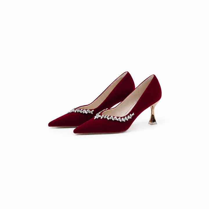 Ruby Red Crystal Embellished Pointed Heels – ÉLAVIEN