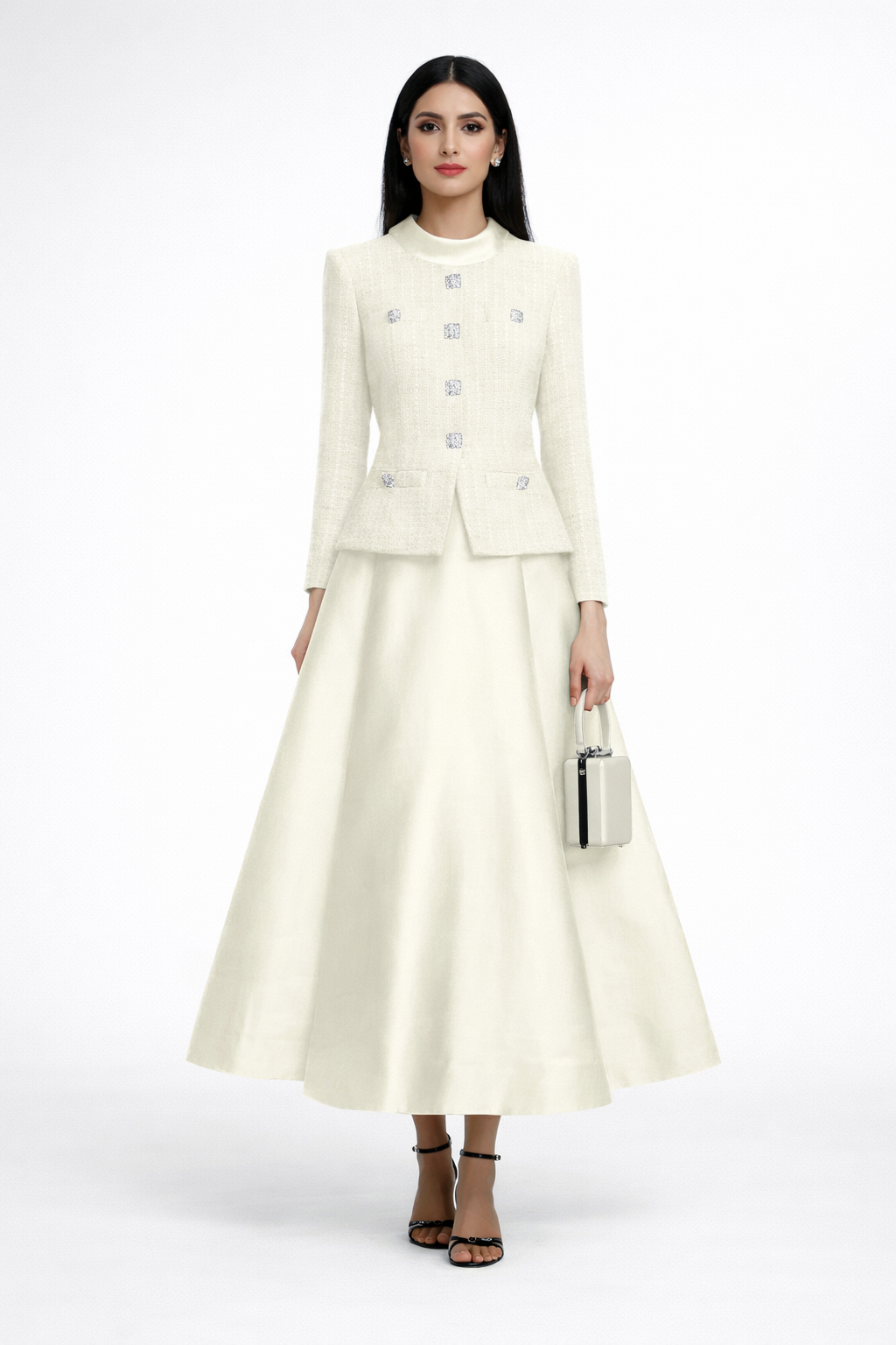 structured blazer-style maxi dress with flared satin skirt – ELEGANCE