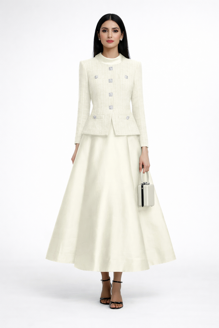 structured blazer-style maxi dress with flared satin skirt – ELEGANCE