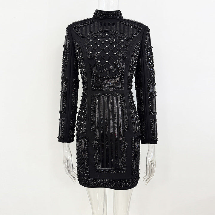 long sleeve embellished mini dress with high neck detail – EMPRESS