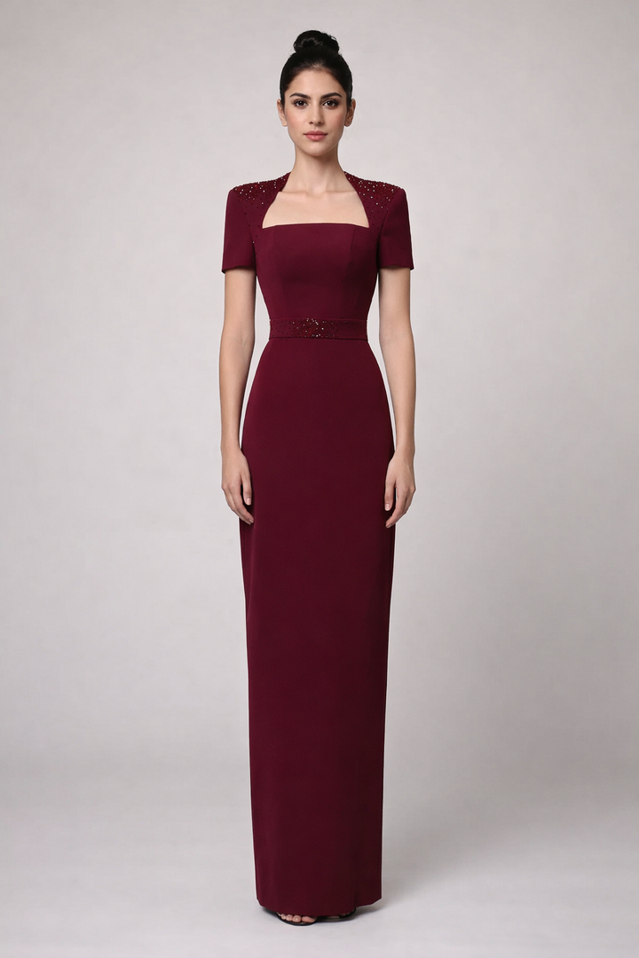 square neckline column dress with embellished shoulders – CRIMSON