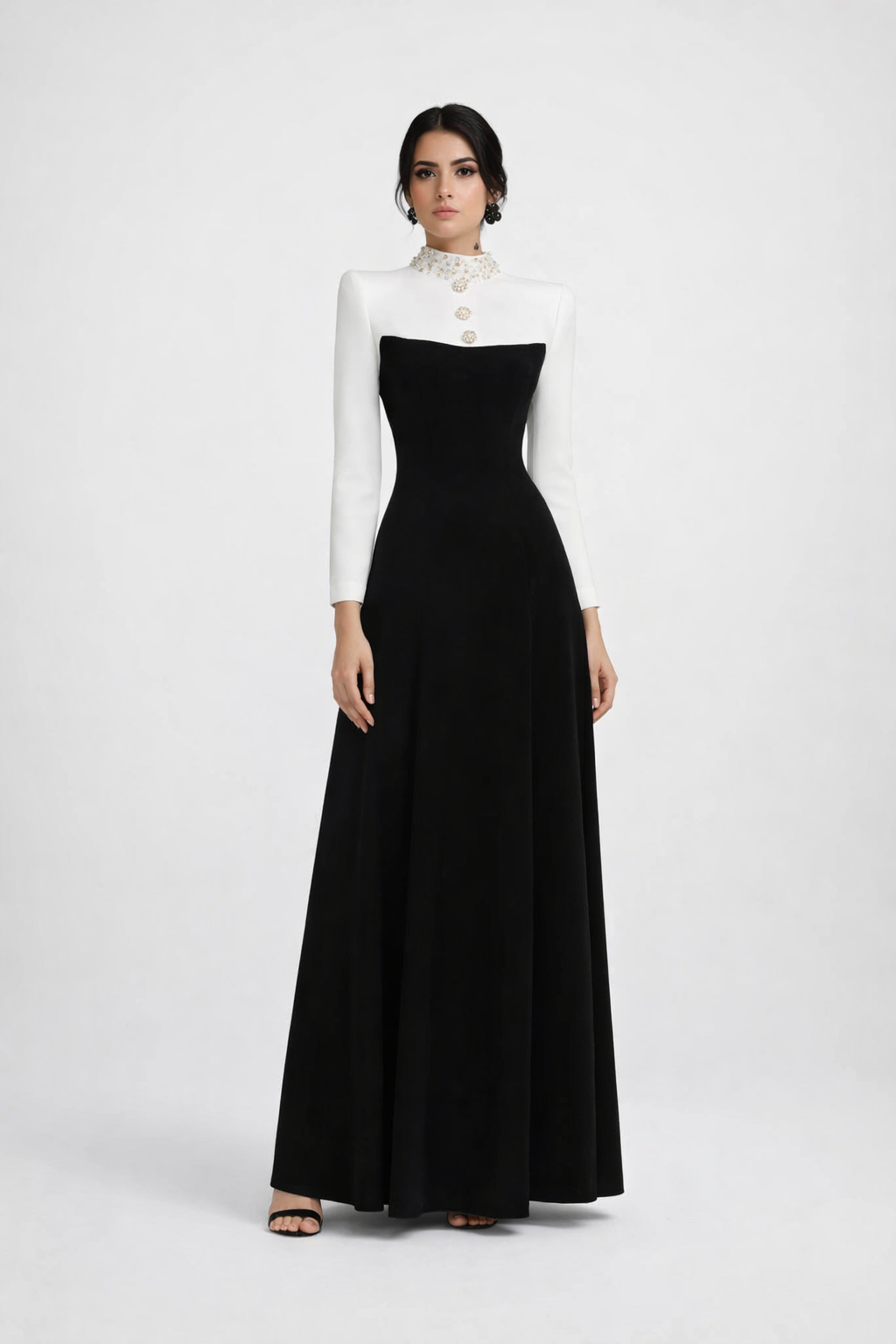 high-neck two-tone maxi dress with embellished collar – MONARCH