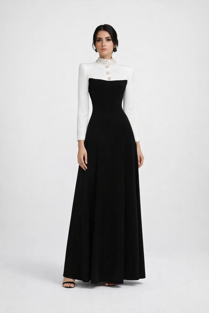 high-neck two-tone maxi dress with embellished collar – MONARCH