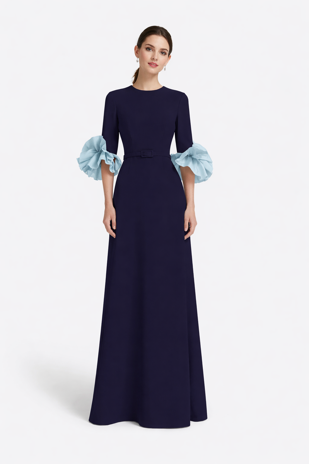 belted maxi dress with organza ruffle cuffs – NAVELLA