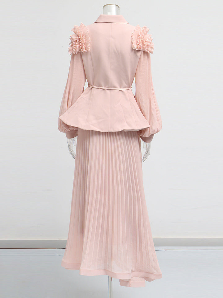 pleated maxi skirt set with ruffle collar blazer - AZURE